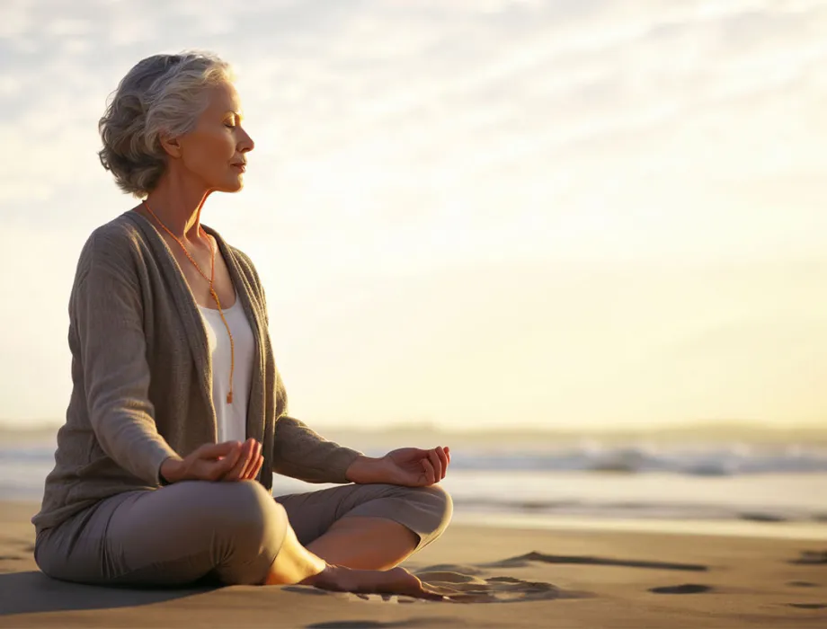 Frau meditiert beim Sonnenuntergang am Ostseestrand auf Rügen beim Meditationsangebot des Rugard Thermal Strandhotels.