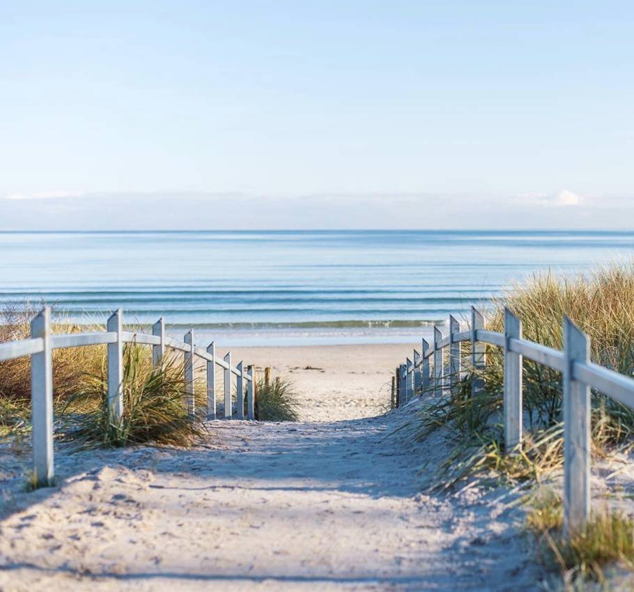 Strandweg zum Meer, gesäumt von Gräsern und einem Geländer.