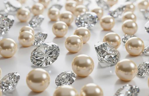 Detailaufname von Perlen und Diamanten auf einem Tisch als Deko der zweiten Silvesterparty im Arkona Strandhotel.