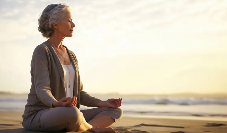 Woman meditating at sunset on the Baltic Sea beach on Rügen during the meditation program at the Rugard Thermal Strandhotel.