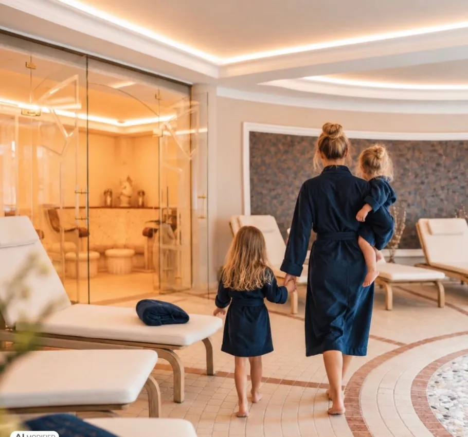 Mother with two children in bathrobes exploring the wellness area at Rugard Thermal Strandhotel in Binz, featuring relaxation loungers and a steam room.