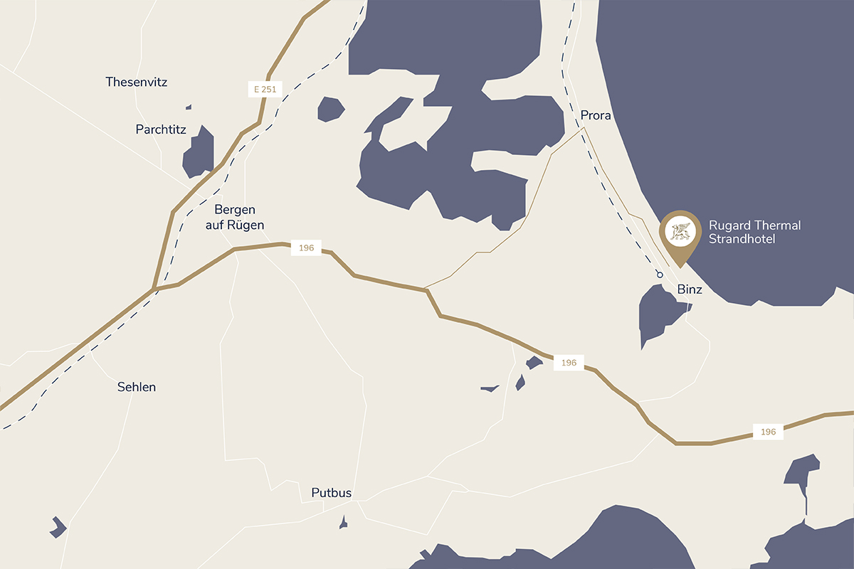 Die Karte zeigt die Lage des Rugard Thermal Strandhotels in Binz auf der Insel Rügen und die Anfahrtswege auf der Insel, die dorthin führen.